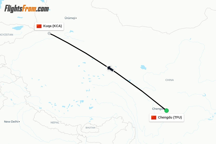 Flights from Chengdu to Kuqa route map