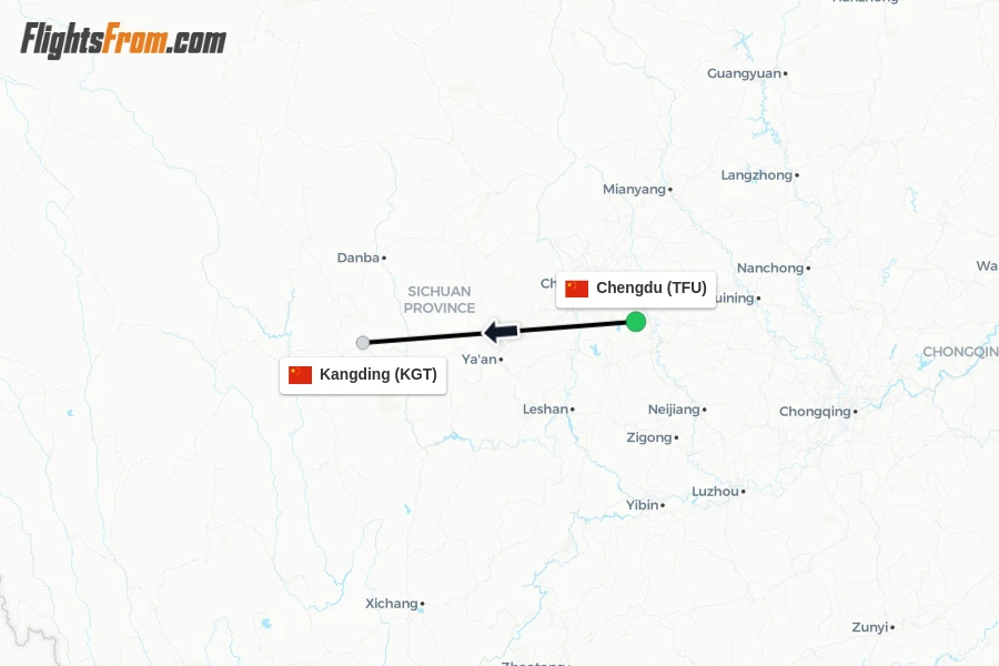 Flights from Chengdu to Kangding route map