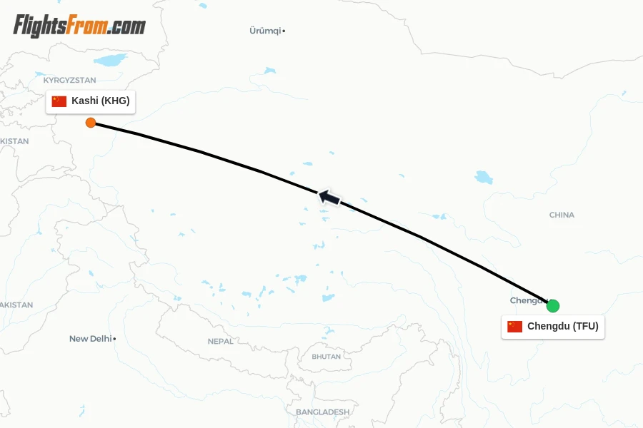 Flights from Chengdu to Kashi route map