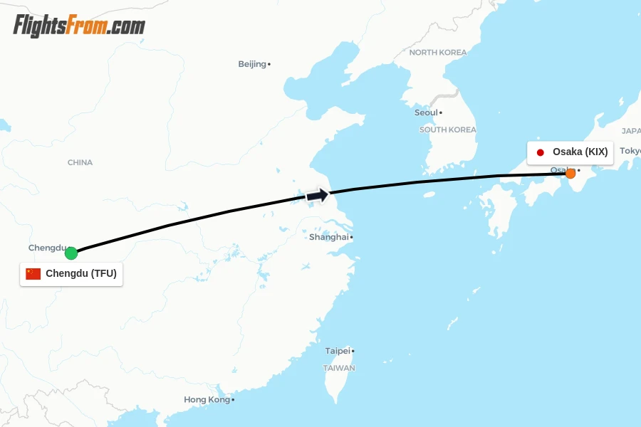 Flights from Chengdu to Osaka route map