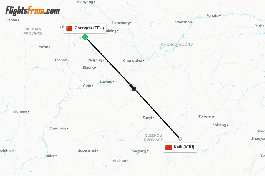 Flights from Chengdu to Kaili route map