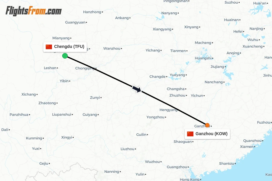 Flights from Chengdu to Ganzhou route map