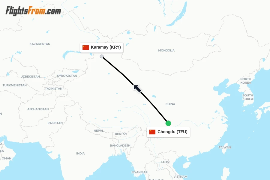 Flights from Chengdu to Karamay route map