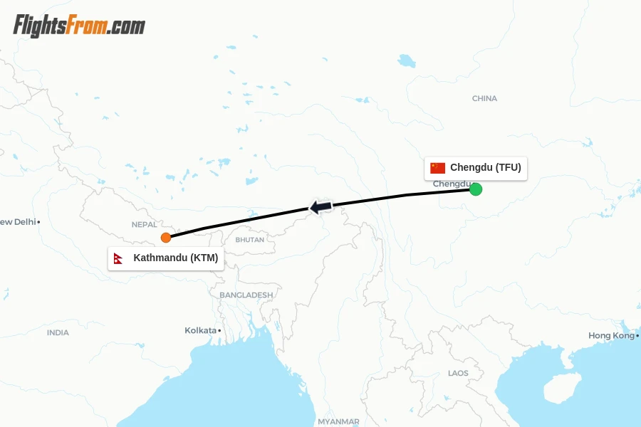 Flights from Chengdu to Kathmandu route map