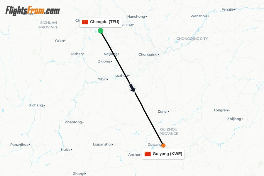 Flights from Chengdu to Guiyang route map