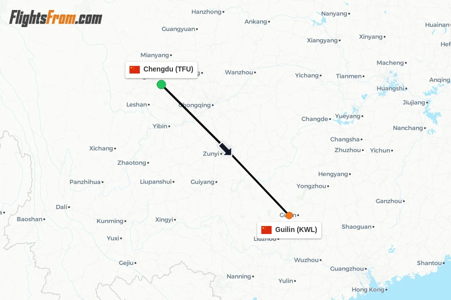 Flights from Chengdu to Guilin route map
