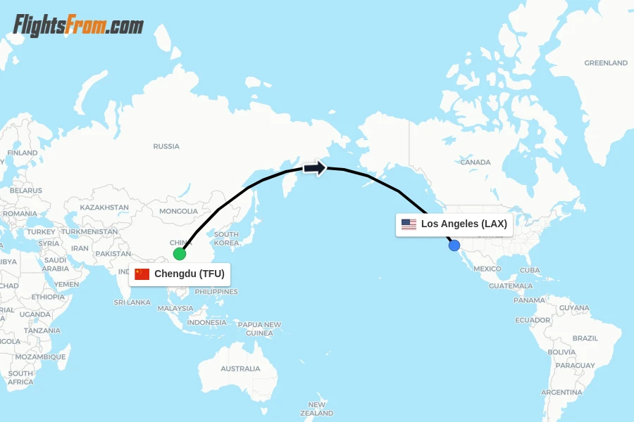 Flights from Chengdu to Los Angeles route map