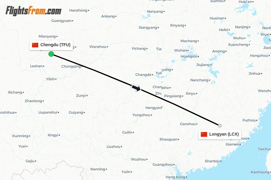 Flights from Chengdu to Longyan route map