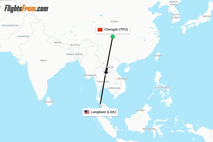 Flights from Chengdu to Langkawi route map