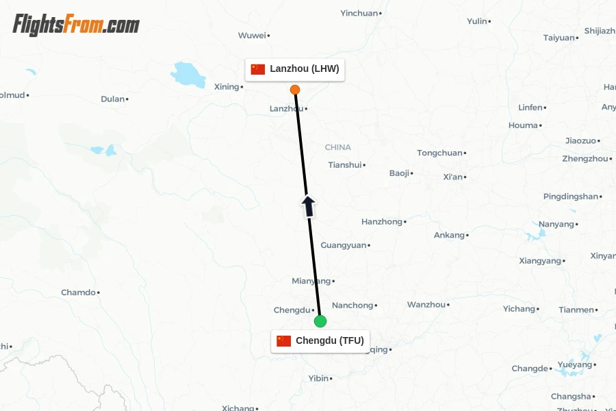 Flights from Chengdu to Lanzhou route map