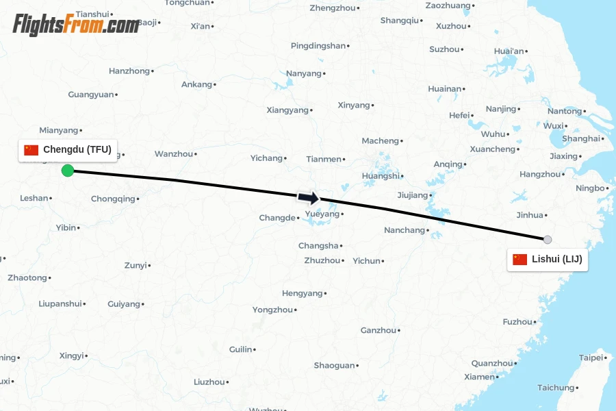 Flights from Chengdu to Lishui route map
