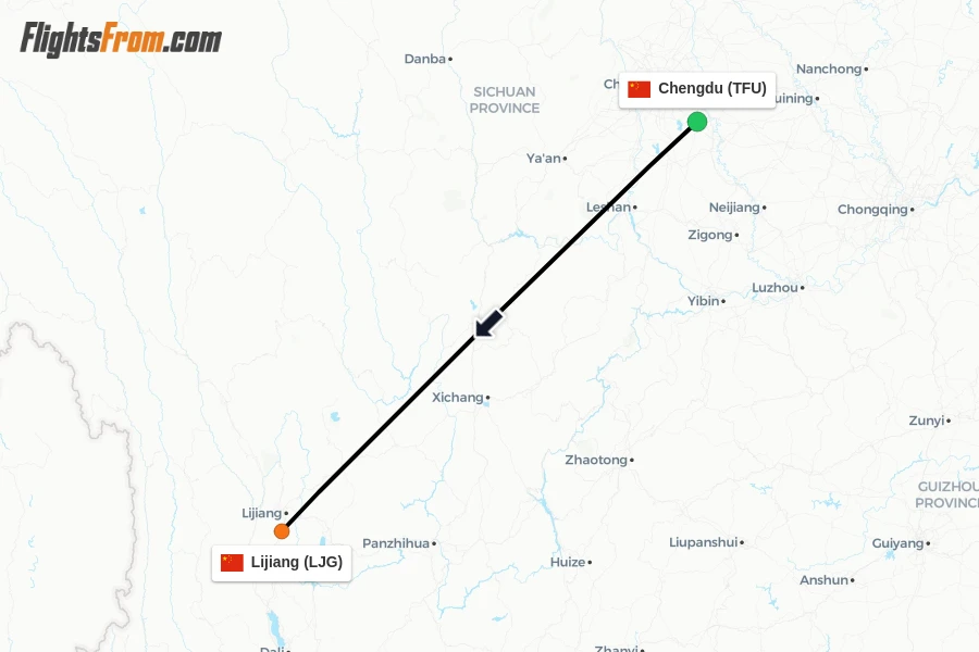 Flights from Chengdu to Lijiang route map