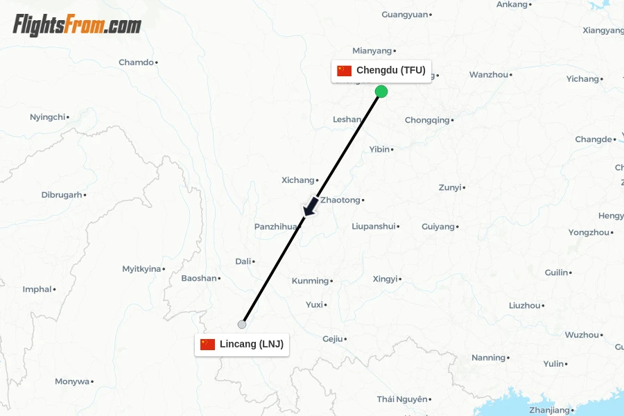 Flights from Chengdu to Lincang route map