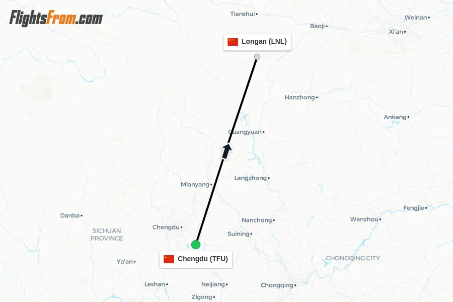 Flights from Chengdu to Longan route map