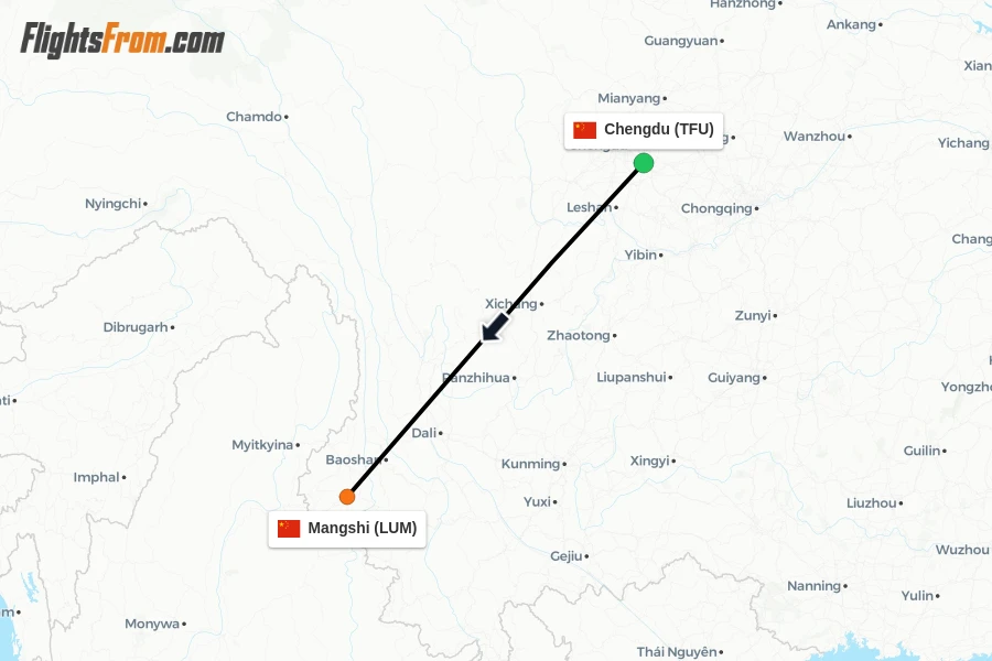 Flights from Chengdu to Mangshi route map