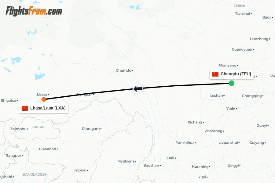 Flights from Chengdu to Lhasa/Lasa route map