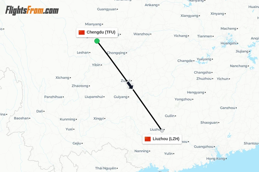 Flights from Chengdu to Liuzhou route map