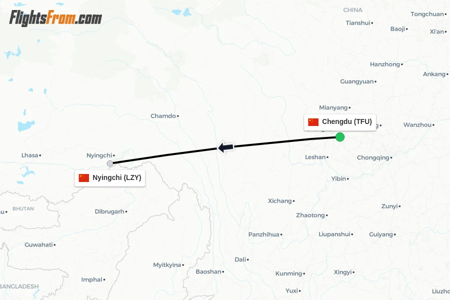Flights from Chengdu to Nyingchi route map