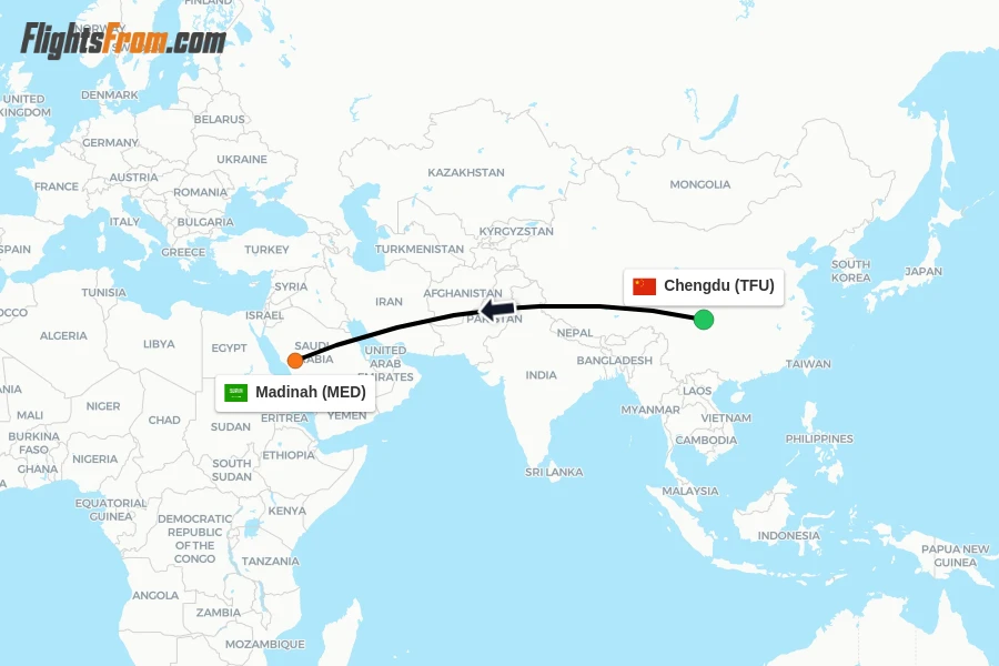 Flights from Chengdu to Madinah route map