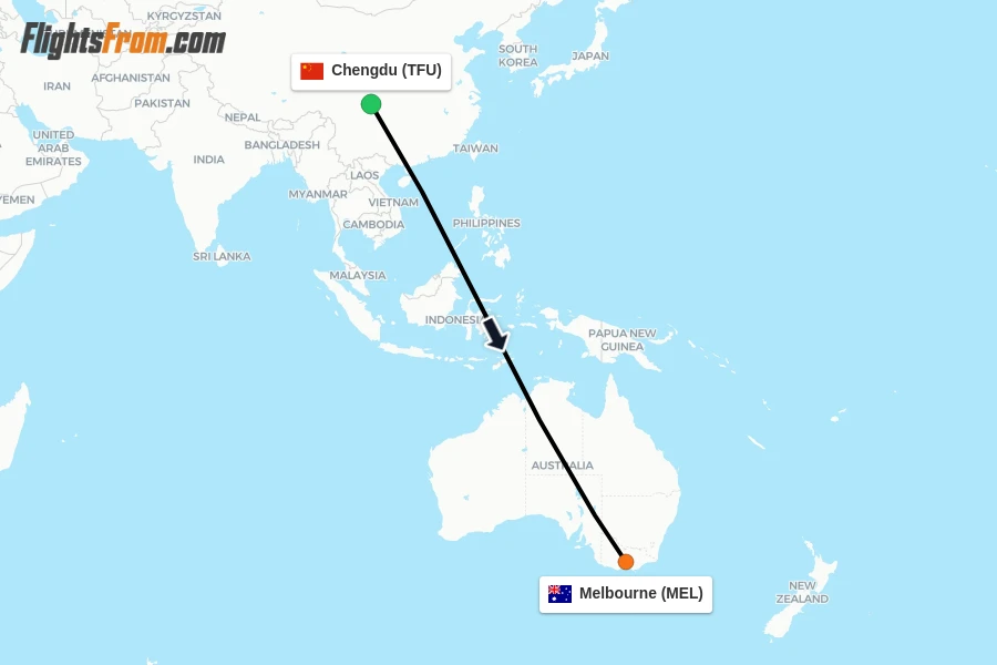 Flights from Chengdu to Melbourne route map
