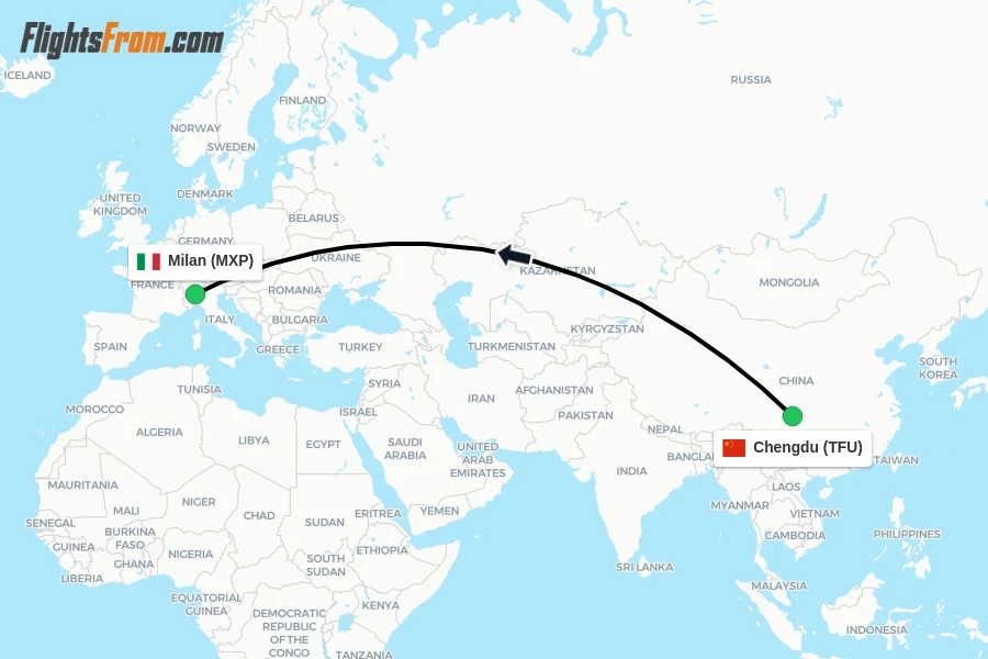 Flights from Chengdu to Milan route map