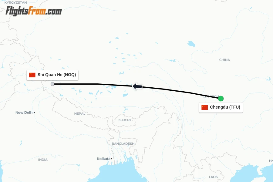 Flights from Chengdu to Shi Quan He route map
