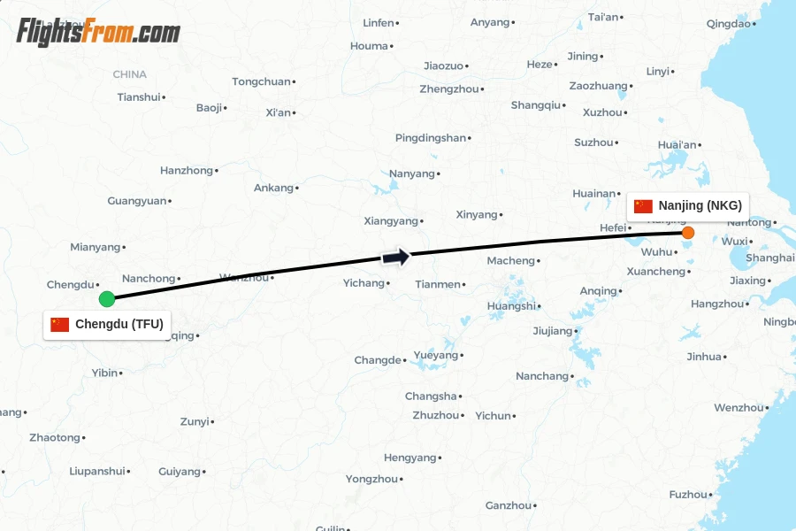 Flights from Chengdu to Nanjing route map