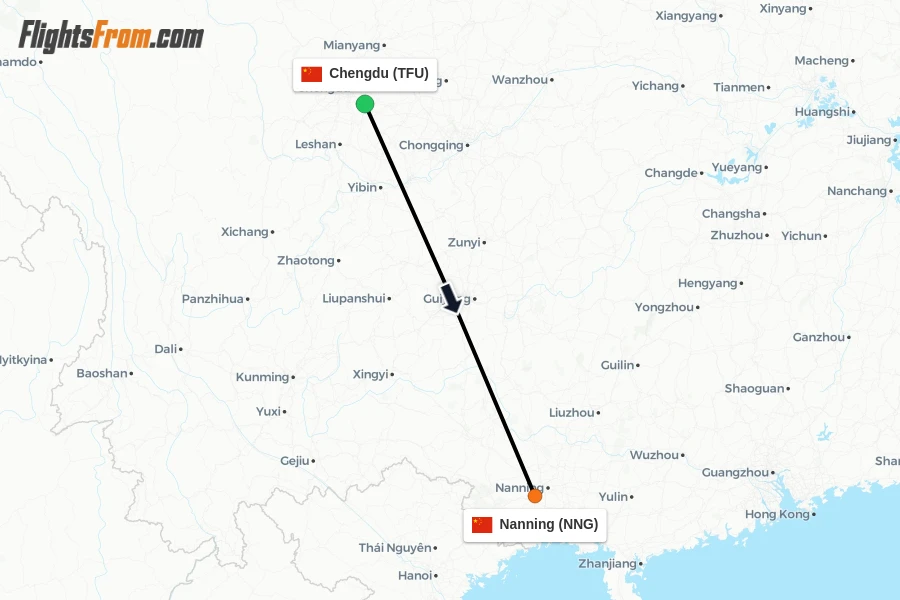 Flights from Chengdu to Nanning route map