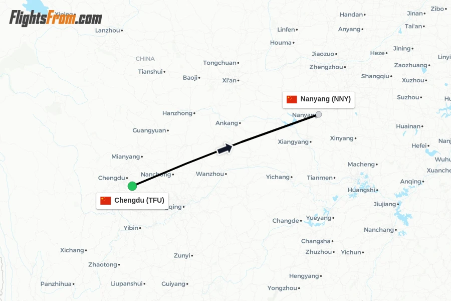 Flights from Chengdu to Nanyang route map
