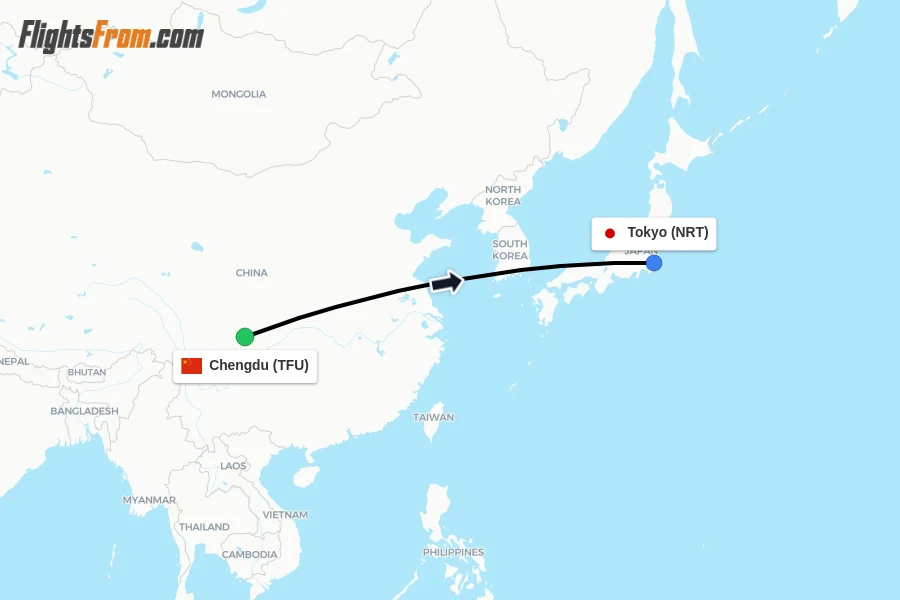 Flights from Chengdu to Tokyo route map