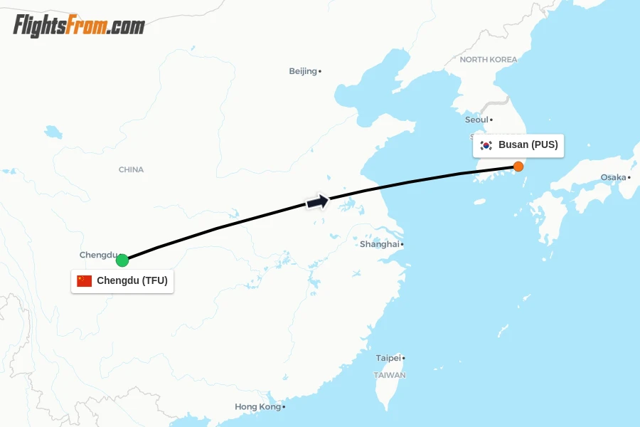 Flights from Chengdu to Busan route map
