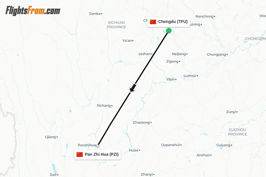 Flights from Chengdu to Pan Zhi Hua route map
