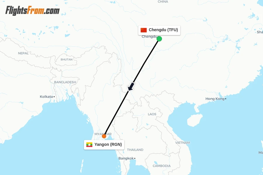 Flights from Chengdu to Yangon route map