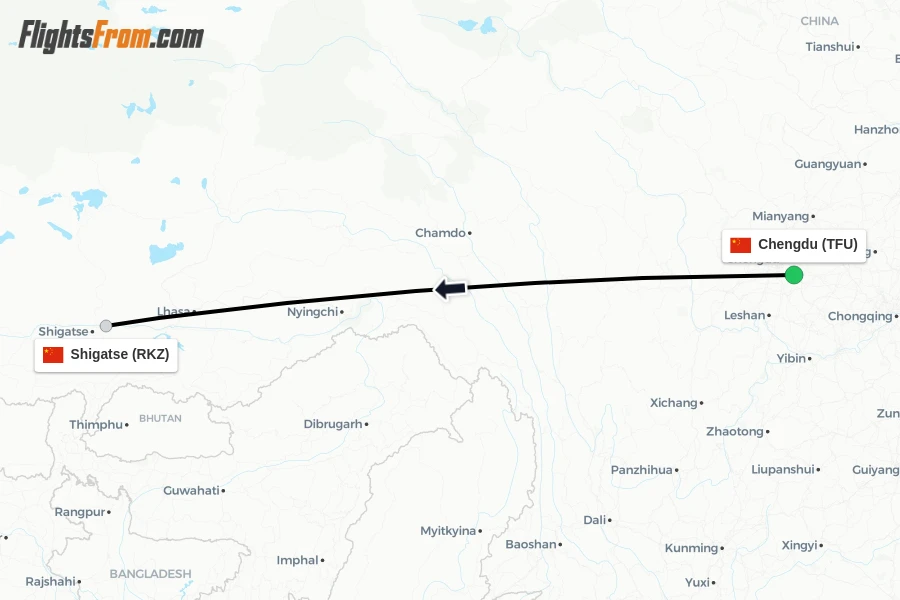 Flights from Chengdu to Shigatse route map