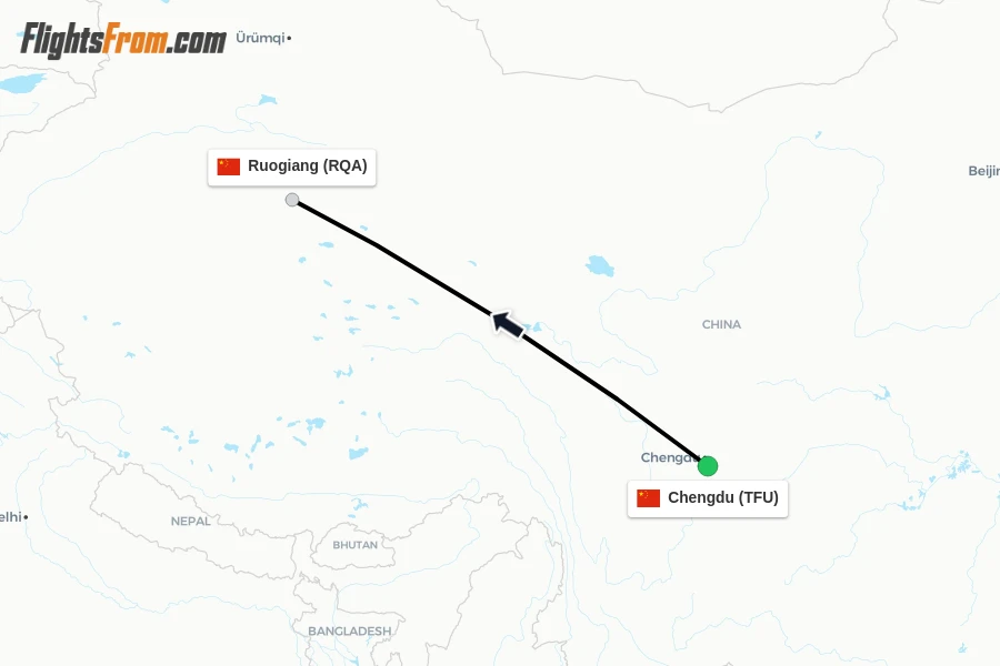 Flights from Chengdu to Ruogiang route map