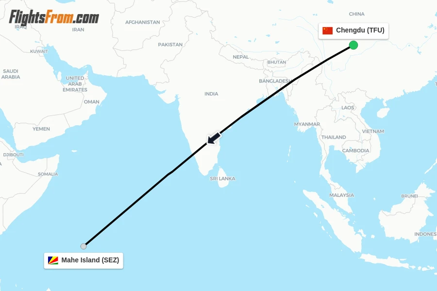 Flights from Chengdu to Mahe Island route map