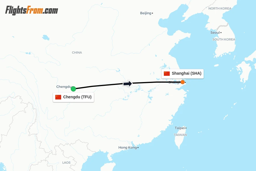 Flights from Chengdu to Shanghai route map