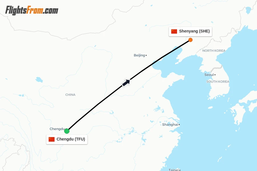 Flights from Chengdu to Shenyang route map
