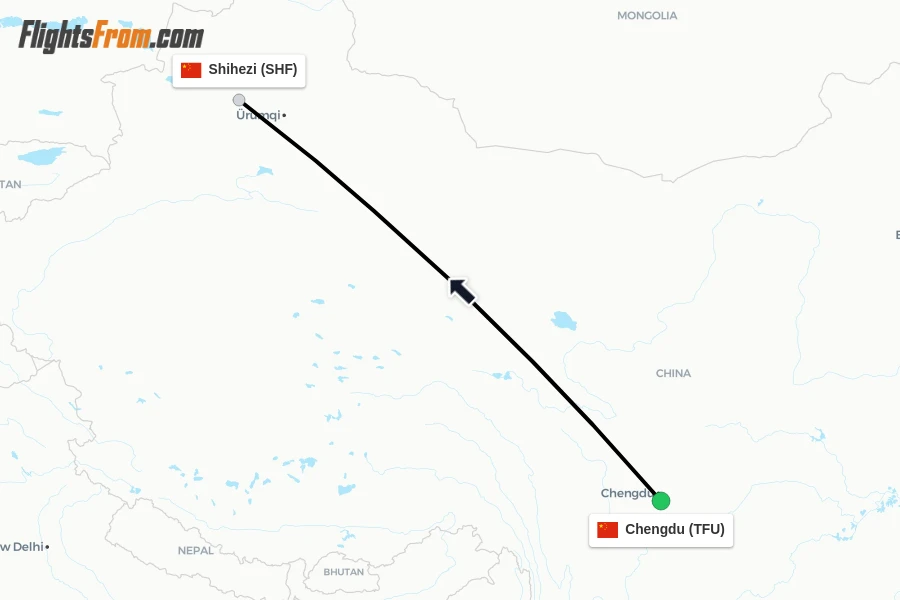 Flights from Chengdu to Shihezi route map