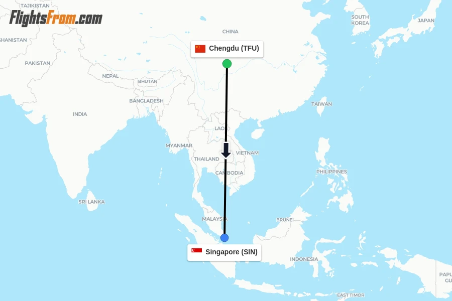 Flights from Chengdu to Singapore route map