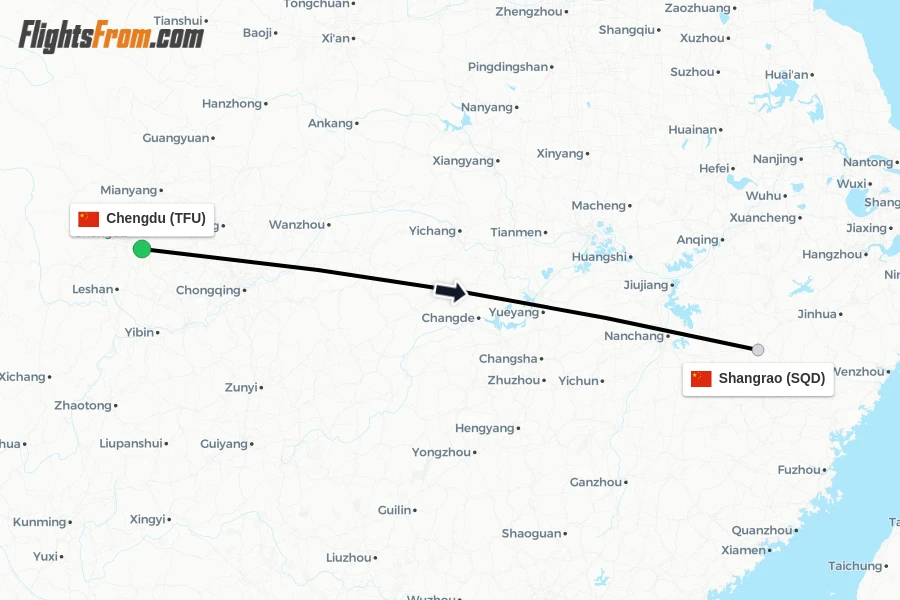 Flights from Chengdu to Shangrao route map