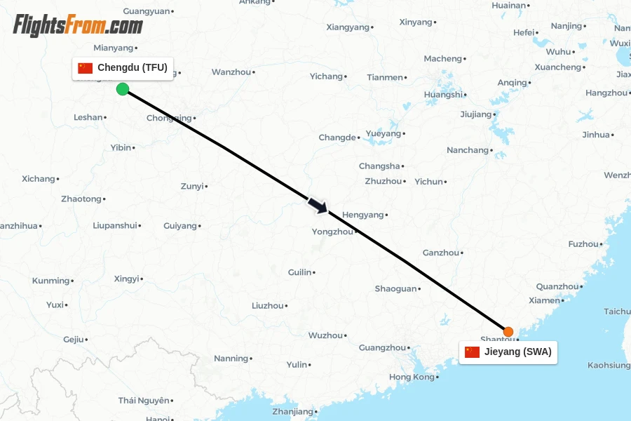Flights from Chengdu to Jieyang route map