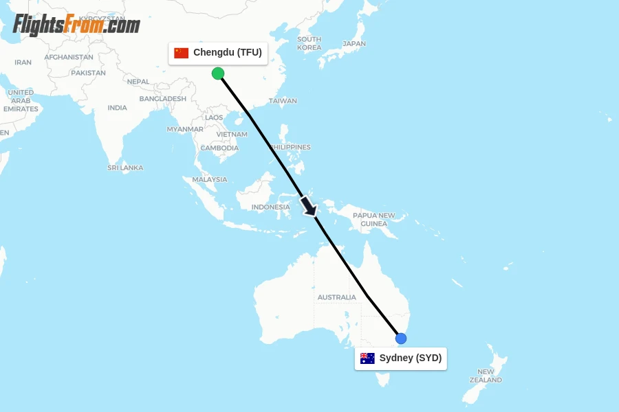 Flights from Chengdu to Sydney route map