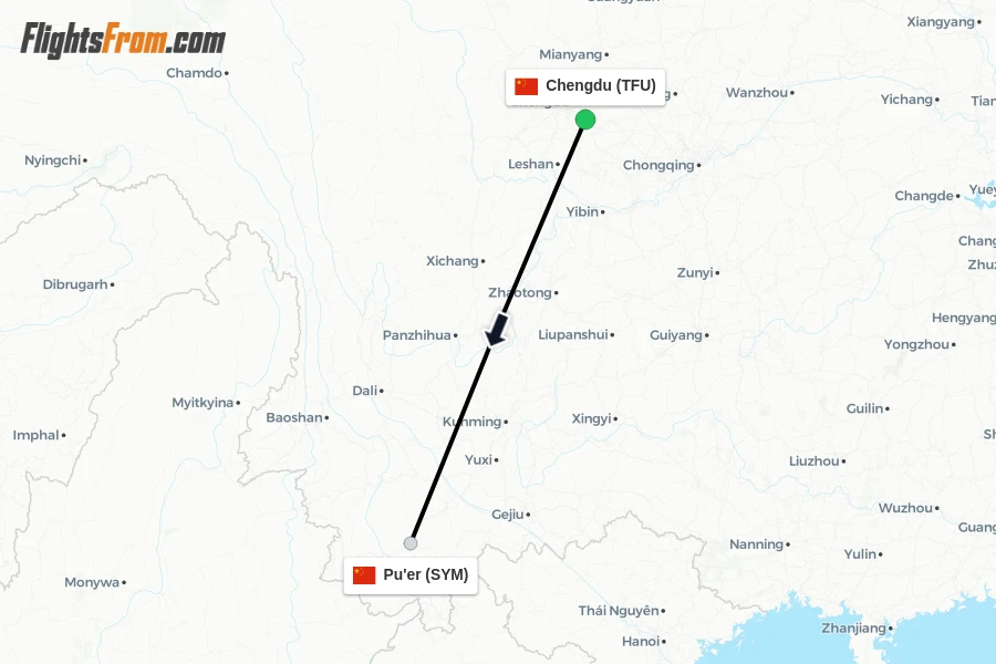 Flights from Chengdu to Pu'er route map