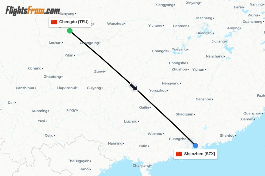 Flights from Chengdu to Shenzhen route map
