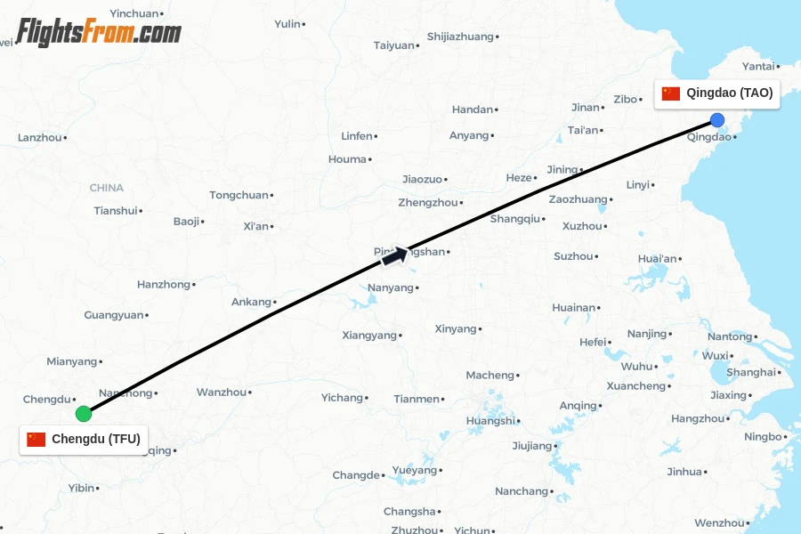 Flights from Chengdu to Qingdao route map