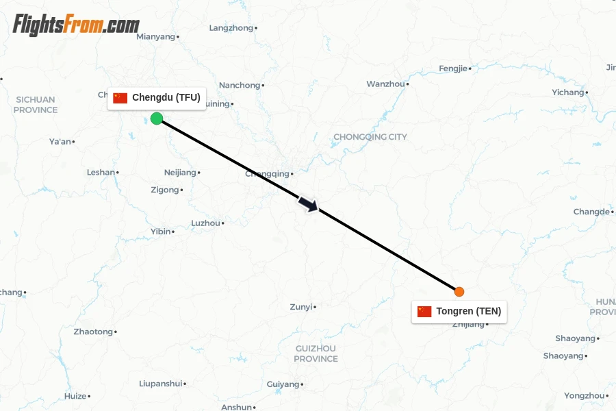 Flights from Chengdu to Tongren route map