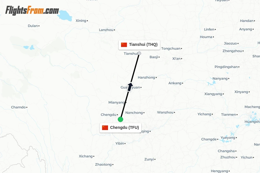Flights from Chengdu to Tianshui route map