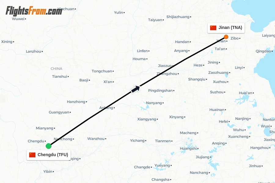 Flights from Chengdu to Jinan route map