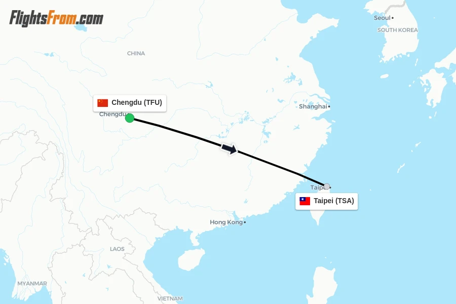 Flights from Chengdu to Taipei route map